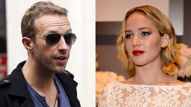 A man in sunglasses on the left and a woman with blonde hair in a white lace outfit on the right, both looking forward.