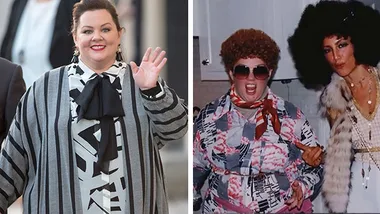 Melissa McCarthy in a striped outfit waves; her younger self in retro attire with a friend at a party.