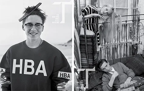 Brooklyn Beckham in glasses and HBA sweater outside; lounging indoors with a friend in black and white fashion shoot.
