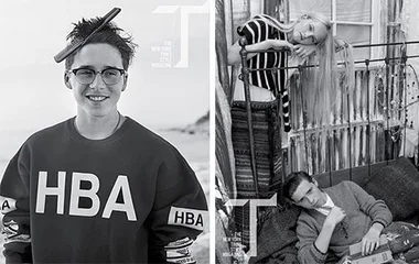 Brooklyn Beckham in glasses and HBA sweater outside; lounging indoors with a friend in black and white fashion shoot.