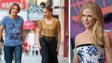 Two people walking in a city street; one in a gold top, the other in a blue shirt. Another person in a strapless dress stands nearby.