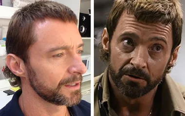 Hugh Jackman with a short mullet hairstyle for his role in the movie "Chappie," shown in two different views.