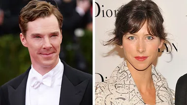 Man in formal attire and woman with patterned coat at an event, photographed against different backgrounds.