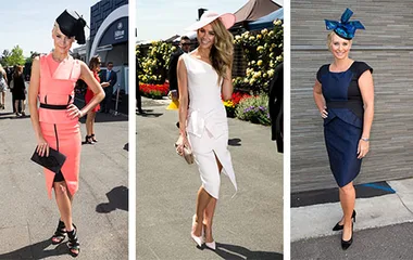 Women in stylish race day outfits and hats at Oaks Day event.