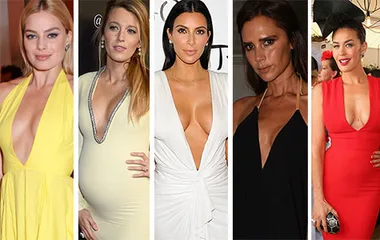 Women wearing various deep neckline dresses, showcasing a fashion trend at an event.