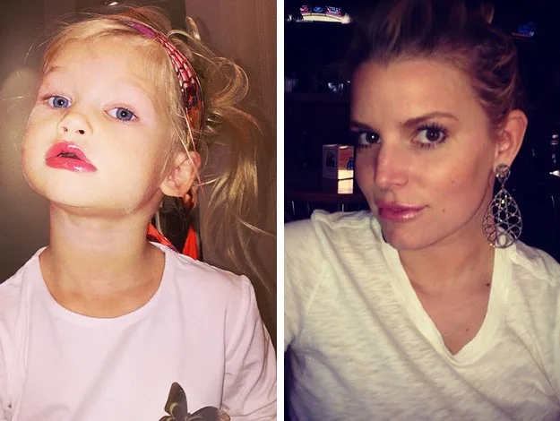 Two people are side by side; a child with lipstick on the left and an adult wearing earrings on the right.