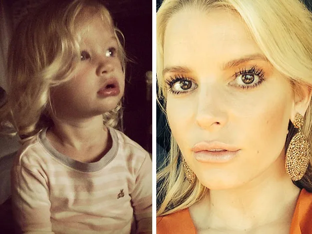 Mother and young child side by side, both with blonde hair. The child looks upward; the mother wears large gold earrings.