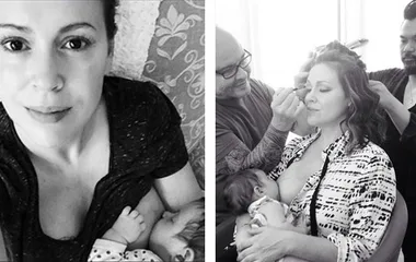 A woman breastfeeding her child in two settings: casually and while getting her hair and makeup done. Black and white photos.
