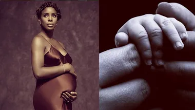 Pregnant woman in a brown dress holding her belly; close-up of a baby’s hand holding an adult's finger.
