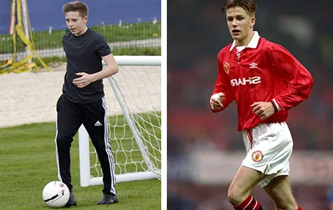 A young football player in training gear with a ball and a historical football scene with a player in a red jersey.
