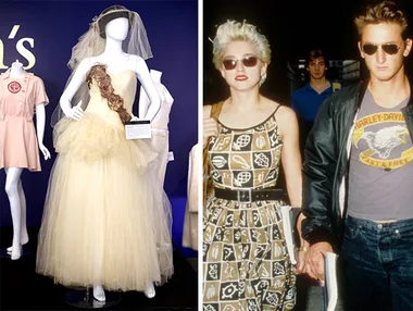 A mannequin in a cream wedding dress with a veil next to a photo of two people holding hands, one wearing sunglasses.