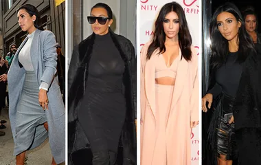 Kim Kardashian showcases four stylish outfits, including a grey ensemble, black dress, pink coat, and black leather skirt.