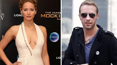 Two people: one at a movie premiere in a white dress, the other in sunglasses and a dark coat outdoors.