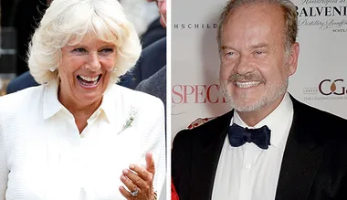Camilla, Duchess of Cornwall, laughing, and Kelsey Grammer smiling in formal attire at an event.