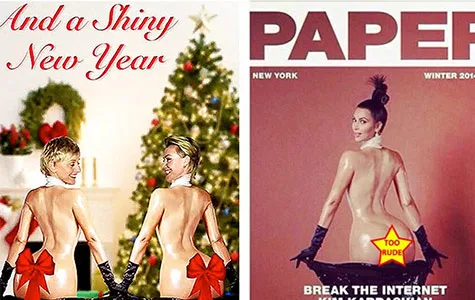 Ellen DeGeneres and another person parody Kim Kardashian's 'Break the Internet' photo in a humorous Christmas card.