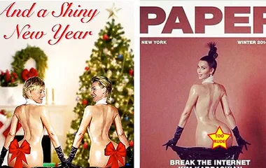 Ellen DeGeneres and another person parody Kim Kardashian's 'Break the Internet' photo in a humorous Christmas card.
