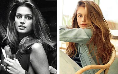 Cindy Crawford and daughter side-by-side; Cindy in black and white holding a drink, daughter in color wearing a jacket.