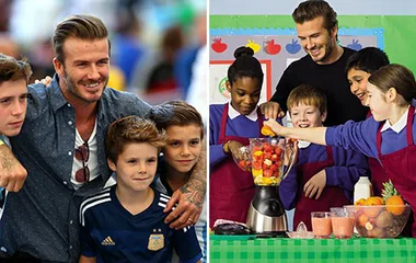 David Beckham with kids, left image outdoors; right image making smoothies with children in a classroom setting.
