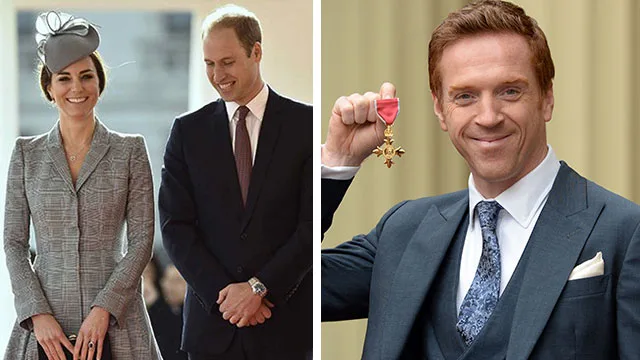 Prince William and Kate smiling; Damian Lewis holding an OBE medal.