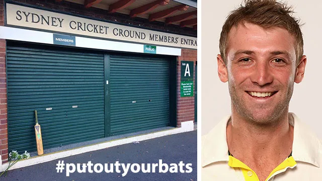 Sydney Cricket Ground entrance with bat tribute; smiling cricketer in white shirt. #putoutyourbats