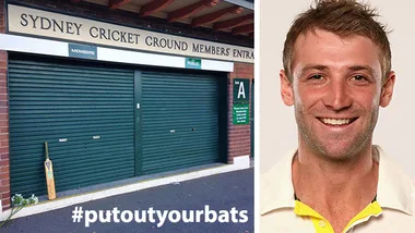 Sydney Cricket Ground entrance with bat tribute; smiling cricketer in white shirt. #putoutyourbats