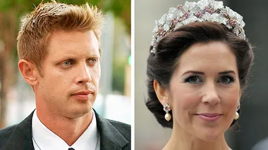 Two side-by-side portraits: a woman wearing a jeweled tiara and earrings, and a man in a formal suit and tie.