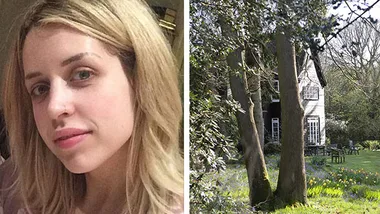 Peaches Geldof's portrait and serene view of her untouched home with trees and garden.