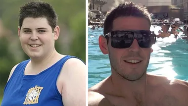 "Before and after weight loss transformation, young man in 'Biggest Loser' shirt and later in sunglasses by a pool."