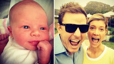 A newborn baby on the left; a smiling man in sunglasses and a woman are on the right.