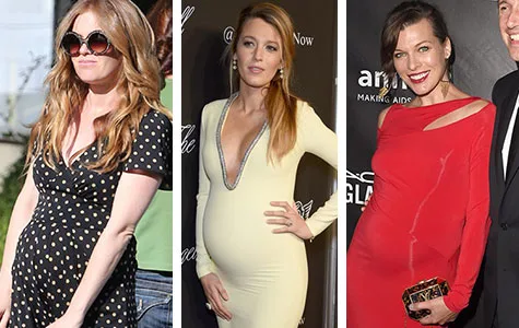 Three women with baby bumps, wearing polka dot, white, and red dresses, attending separate events.