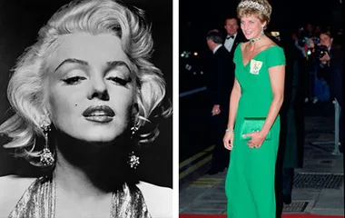 Marilyn Monroe in glamorous attire beside a photo of Princess Diana in a green dress at an event.