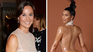 Pippa in a sparkly dress smiles; woman posing with slicked-back hair and jewelry, showcasing a dramatic look.