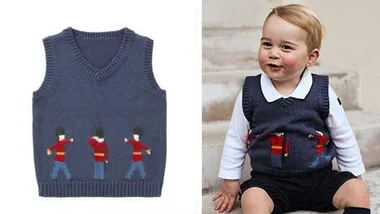 Boy in a Guardsman jumper sitting on steps; close-up of jumper with soldier-like figures.