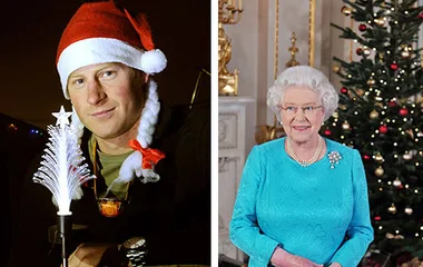 Two people in holiday settings: one wearing a Santa hat, another in a blue dress by a decorated Christmas tree.