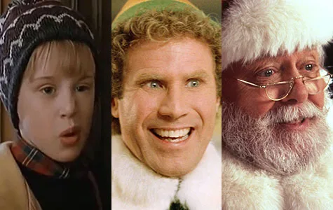 Three iconic Christmas movie characters, including a boy in a winter hat, a smiling man in an elf suit, and a classic Santa Claus.