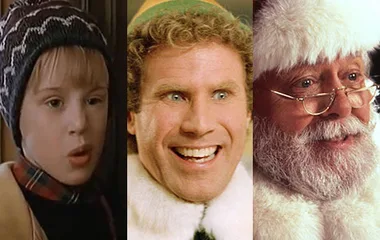 Three iconic Christmas movie characters, including a boy in a winter hat, a smiling man in an elf suit, and a classic Santa Claus.