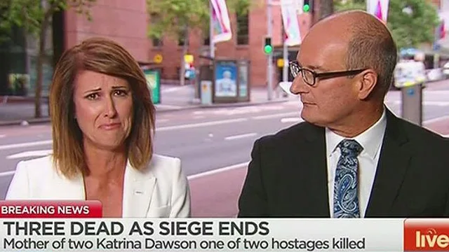 News anchors discussing Sydney siege with visible emotion on screen, headline reads about the tragic event's casualties.