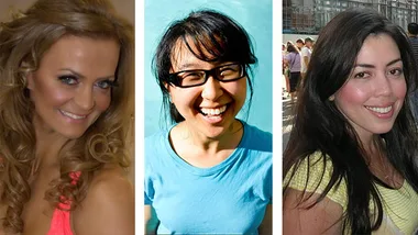 Three women smiling in separate portraits; one with curly hair, one with glasses, and one with long dark hair.