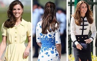 Three images of a woman with different hairstyles: yellow dress smiling, floral dress from the back, and black-white outfit smiling.