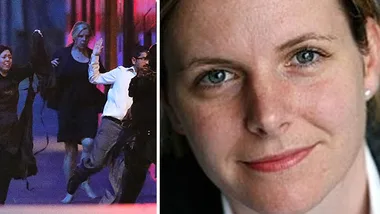 "People running from Sydney siege scene; close-up of a woman's face."