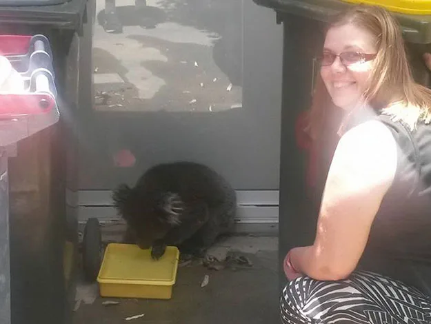 Woman smiling next to a koala drinking water from a yellow container between trash bins.