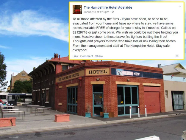 Exterior of The Hampshire Hotel in Adelaide with a Facebook post offering free rooms for fire evacuees.