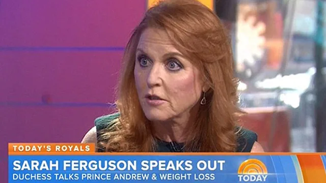 Sarah Ferguson speaks on TV about Prince Andrew; subtitle notes weight loss discussion.