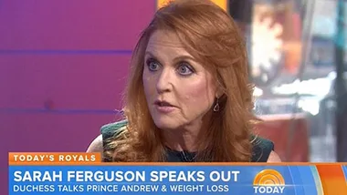 Sarah Ferguson speaks on TV about Prince Andrew; subtitle notes weight loss discussion.