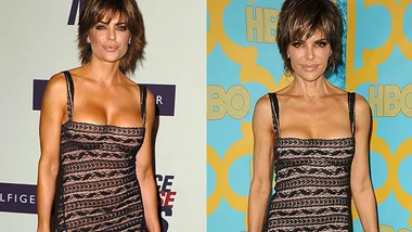 Two side-by-side photos of a woman in a black patterned dress at different events, looking similar in both.