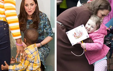 Duchess Catherine interacting warmly with young children, one kneeling down to chat, another hugging a child with a flag.