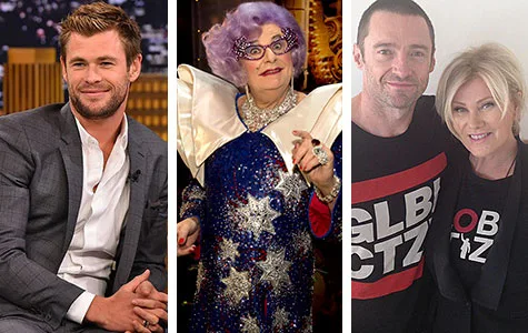 Celebrities including a suited man, a flamboyant character in a starry costume, and two casually dressed people posing.