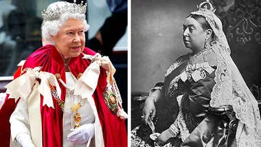 Queen Elizabeth in ceremonial robe and crown, next to a black and white portrait of Queen Victoria.
