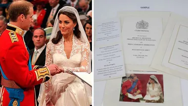 Prince and bride exchange vows; wedding programs and menus displayed.