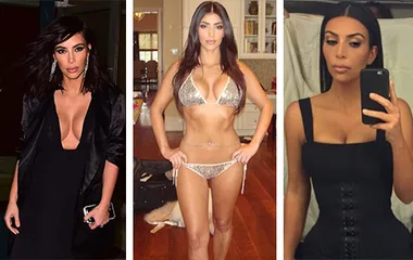 Three images of a woman in different outfits: a black dress, a bikini, and a corset, showcasing fashion and style.